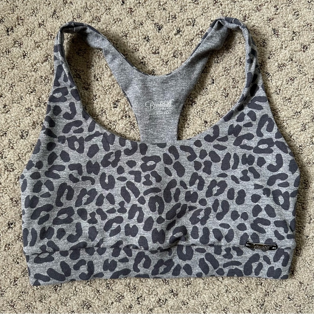 Bombshell Sportswear Gray Leopard Sports Bra